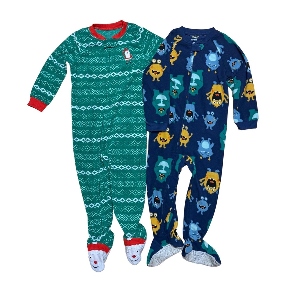 Carters Toddler 3T Fleece Footie Pajamas Green Santa Feet & Monsters 2 Pack Warm